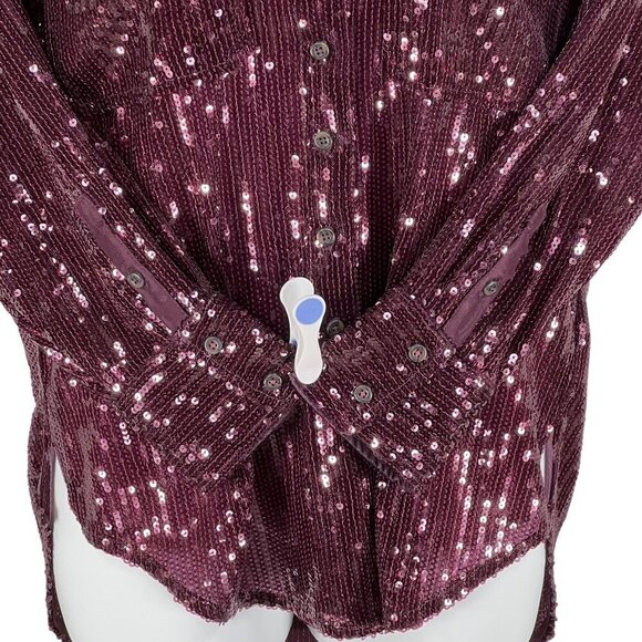 Anthropologie Pilcro Women XS OVERSIZED Burgundy Sequin Button Up Fairy Glam Top - Picture 11 of 16
